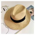 Womens Wide Brim Raffia Straw Sun Hat Summer Beach Fedora Hat with Black Ribbon Band - Black Ribbon Panama Straw Hat