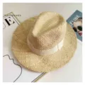 Stylish straw sun hat for women, wide brim raffia sunhat for summer beach vacation wear. - Beige Ribbon Panama Straw Hat