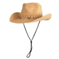Raffia stro cowboyhoed met schelpkingralen en kinband voor zomerstrandbescherming. - Pailletten Kralen Raffia Hoed