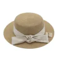 Franse elegante strohoed voor vrouwen, strik zonnehut, strand vakantie platte top hoed - M (56-58cm) / Grote Beige Strik + Khaki Platte Top Strohoed