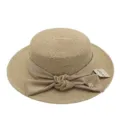 Elegante strohoed voor dames, platte zonnehoed met strik en strass klaverblad. - M (56-58cm) / Lichte Koffie Grote Strik + Khaki Platte Top Strohoed