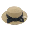 Franse elegante platte strohoed voor vrouwen, zomer strand zonhoed met brede rand en strik - M (56-58cm) / Grote Zwarte Strik + Khaki Platte Top Strohoed