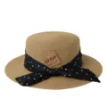 Elegante stroviohoed met platte bovenkant en zwarte stippen strik voor zomervakantie. - M (56-58cm) / Zwarte Stippen Strik + Khaki Platte Top Strohoed