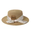 Dames stro hoed platte bovenkant met stippen zijden lint strik zomer strand zon bescherming - M (56-58cm) / Beige Stippen Strik + Khaki Platte Top Strohoed