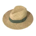 Women straw sun hat wide brim raffia fedora summer beach vacation sun protection cap - Green Ribbon Panama Straw Hat