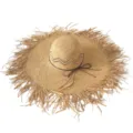 Stylish wide brim straw sun hat with frayed edge and leather strap for women summer beach vacation. - Hollow Dome Straw Hat
