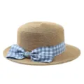Franse stijl platte strohoed met blauwe ruitjes strik voor zomerse strand en vakantie. - M (56-58cm) / Blauwe Ruit Strik + Khaki Platte Top Strohoed
