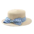 Strohoed met blauwe ruitstrik, elegante zomer strand vakantie zonnehoed stijl variant. - M (56-58cm) / Blauwe Ruit Strik + Beige Platte Top Strohoed
