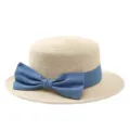 Stijlvolle elegante strohoed voor vrouwen, platte zomerstrand zonnehoed met blauwe strik. - M (56-58cm) / Grote Blauwe Strik + Beige Platte Top Strohoed