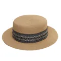 Franse elegante strohoed voor vrouwen Japanse strik zonbescherming platte hoed zomer strand - M (56-58cm) / Marineblauwe Etnische Lint + Khaki Platte Top Strohoed