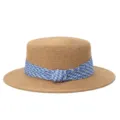 Franse elegante strovhoed dames platte rand blauw geruit lint zomerstrand hoed voor dames - M (56-58cm) / Blauwe Ruit Lint + Khaki Platte Top Strohoed