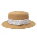 Elegante platte strohoed met brede rand en blauw gestipte strik voor zomerse strandvakantie. - M (56-58cm) / Witte Stippen Lint + Khaki Platte Top Strohoed