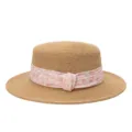 Franse elegante platte strohoed vrouwen strik Japanse zonbescherming zomer strand hoed - M (56-58cm) / Roze Bloemen Lint + Khaki Platte Top Strohoed