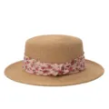 Platte stroohoed met roze bloemenlint, ideaal voor zomervakantie op het strand en zonbescherming. - M (56-58cm) / Rozerood Grote Bloemen Lint + Khaki Platte Top Strohoed