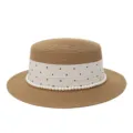 Khaki strohoed met platte kroon, wit polka dot lint en parels voor een heerlijke strandvakantie. - M (56-58cm) / Stippen Kunstparel Lint + Khaki Platte Top Strohoed