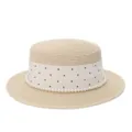 Elegante strohoed voor dames met stippenlint en parelversiering voor de zomervakantie. - M (56-58cm) / Stippen Kunstparel Lint + Beige Platte Top Strohoed