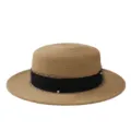 Franse vintage platte strohoed met zwart parelnet brede rand zomer strandzonnehoed. - M (56-58cm) / Zwarte Mesh Lint + Khaki Platte Top Strohoed