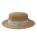 Franse elegante strohoed met wit netlint en parels voor een zomerse strandvakantie. - M (56-58cm) / Beige Mesh Lint + Khaki Platte Top Strohoed