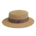 Franse elegante platte strohoed met bruin lint en metalen letterdecoratie voor de zomer. - M (56-58cm) / Koffie Letter Lint + Khaki Platte Top Strohoed