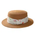 Platte strohoed voor vrouwen, zomer strand zonbescherming hoed met blauwe bloemrijke lint variant. - M (56-58cm) / Bloemen Geplooide Lint + Khaki Platte Top Strohoed