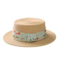 Franse elegante strohoed met platte bovenkant voor dames, zomervakantie zonnehoed met lint. - M (56-58cm) / Bloemen Geplooide Lint + Beige Platte Top Strohoed