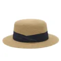Franse platte strohoed met zwarte strik, elegante zomer strand zonnehoed variant stijl. - M (56-58cm) / Zwarte Drievoudige Lint + Khaki Platte Top Strohoed
