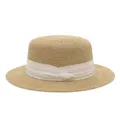 Dames strohoed platte rand Frans elegant zonbescherming strik strand zomerhoed - M (56-58cm) / Beige Drievoudige Lint + Khaki Platte Top Strohoed
