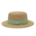 Stijlvolle elegante platte stroohoed in Franse stijl met groen lint voor strandvakantie - M (56-58cm) / Groene Drievoudige Lint + Khaki Platte Top Strohoed
