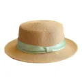 Strohoed vrouwen plat top zomer strandhoed groene lint frans elegante bescherming variant - M (56-58cm) / Groene Fluwelen Lint + Khaki Platte Top Strohoed