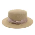 Strohoed voor vrouwen platte bovenkant, elegante zonnehoed met strik lint voor strand zomer. - M (56-58cm) / Lichte Koffie Fluwelen Lint + Khaki Platte Top Strohoed