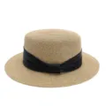 Franse strohoed met platte bovenkant en zwart lint voor dames, elegante zomerse strandhoed. - M (56-58cm) / Zwarte Fluwelen Lint + Khaki Platte Top Strohoed