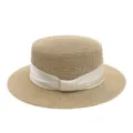 Franse platte strohoed met beige lint, elegante zonnehoed voor zomerstrand en vakantie. - M (56-58cm) / Beige Fluwelen Lint + Khaki Platte Top Strohoed