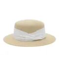 Franse elegante stroohoed vrouwen Japanse strik zonbescherming platte hoed strand. - M (56-58cm) / Geplooide Kant Lint + Beige Platte Top Strohoed