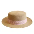 Franse platte strohoed voor dames met roze gestippeld lint, perfect voor zomer en strand. - M (56-58cm) / Metalen Label Roze Stippen Lint + Khaki Platte Top Strohoed