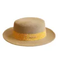 Franse elegante platte strohoed met gele stippen lint voor zomerse strandbescherming. - M (56-58cm) / Metalen Label Gele Stippen Lint + Khaki Platte Top Strohoed