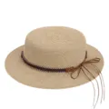 Franse strodameshoed, platte zomer strand zonnehoed met gevlochten lint en strik. - M (56-58cm) / Metalen Blad Gevlochten Touw Hoedband + Khaki Platte Top Strohoed
