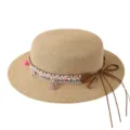 Dames strohoed platte top boater zomer strand vakantie zonnedoek met lint en kwastje - M (56-58cm) / Etnische Hoedband + Khaki Platte Top Strohoed