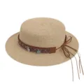 Dames zomer platte strohoed met strik en lint, elegante strand zonbescherming vakantie pet. - M (56-58cm) / Retro Nationale Trend Hoedband + Khaki Platte Top Strohoed