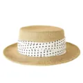 Franse elegante platte strohoed vrouwen stippen lint zonbescherming zomer strand hoed - M (56-58cm) / Witte Stippen Brede Lint + Khaki Platte Top Strohoed