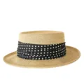 Zomerstrohoed met zwart-witte polkadot lint, platte bovenkant zonbescherming strandhoed. - M (56-58cm) / Zwarte Stippen Brede Lint + Khaki Platte Top Strohoed