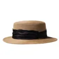 Dames zomer strohoed met zwart lint, stijlvolle platte bovenkant strand zonbescherming hoed. - M (56-58cm) / Zwarte Zijde Hennep Lint + Khaki Platte Top Strohoed