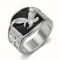 Anillo de hombre color plata con diseño de águila negra y esmalte moda genial top - Talla 6 / Platino y Negro