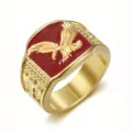 Anillo de Hombre Águila Dorada Vista Detallada, Sortija Sello Animal Estilo Retro Joyas - Talla 6 / Dorado y Rojo