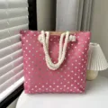 Sac cabas à pois rose avec poignées en corde épaisse sac à bandoulière décontracté pour femme. - Rose avec pois argentés