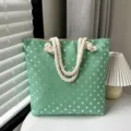 Sac cabas en toile à pois verts avec poignées en corde épaisse sac bandoulière décontracté - Vert avec pois argentés
