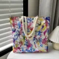 Sac cabas en toile avec imprime palmiers colores et poignees en corde pour femmes. - Cocotier coloré