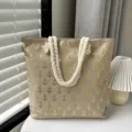 Sac cabas en jute décontracté avec imprimé ancres dorées et anses en grosse corde pour femme. - Ancre dorée