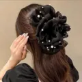 Elegant black pearl hair claw clip, large floral hair claw for stylish hair buns and updos. - Black