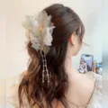 French large feather hair claw clip with pearl tassels elegant hair accessory for women - N131 Beige Butterfly