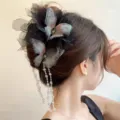 Elegant French mesh feather hair claw clip with butterfly decor and beaded tassels for women. - N132 Black Butterfly